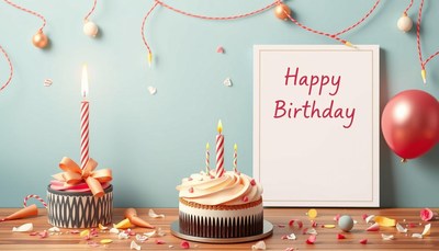 Birthday cake with candles and balloon