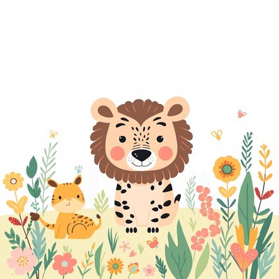 Lion and cub in a field of flowers