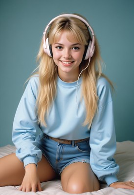 Smiling woman listening to music on headphones