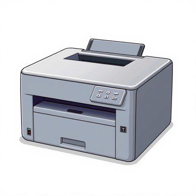 A gray printer sits on a white background