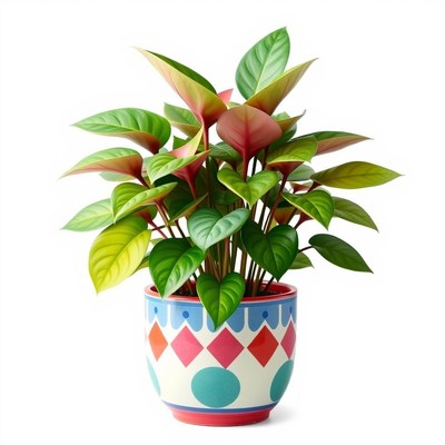 A red-leaved plant in a colorful pot