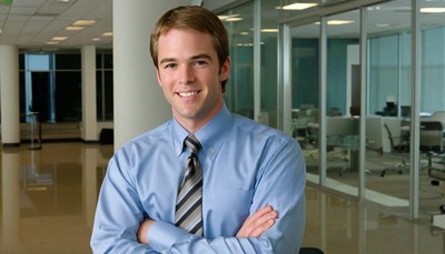 A man in a blue shirt smiles in an office