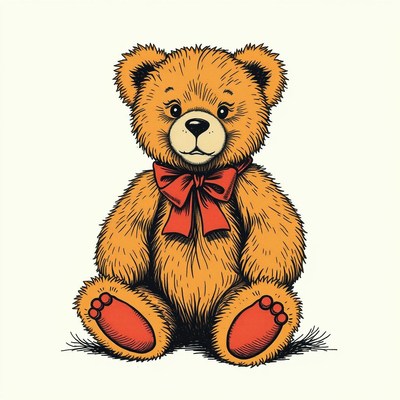 A brown teddy bear sits with a red bow
