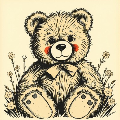 A teddy bear sits in a field of flowers
