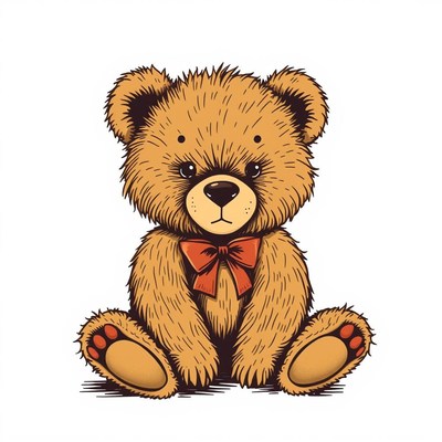 A brown teddy bear with a red bow sits on a white background
