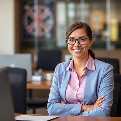 A businesswoman smiles in an office setting