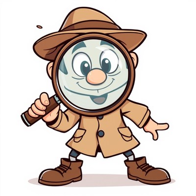 A cartoon detective looks through a magnifying glass