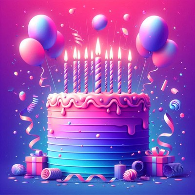 A colorful birthday cake with candles and balloons