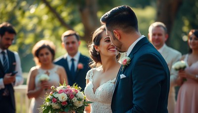 A bride and groom share a tender moment at their wedding