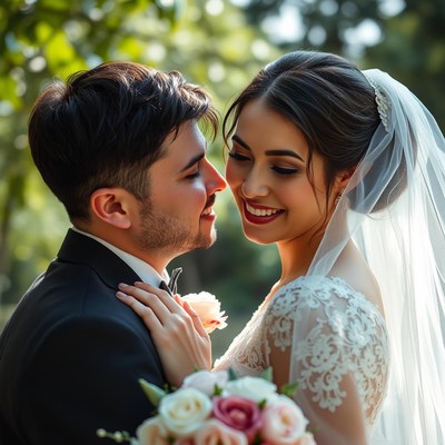 A bride and groom smile at each other on their wedding day