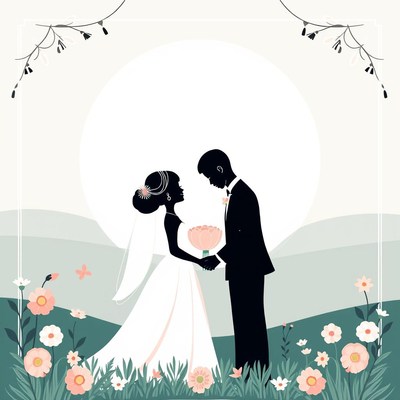 A bride and groom stand together in a field of flowers