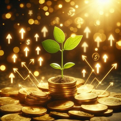 A green plant grows from a stack of gold coins