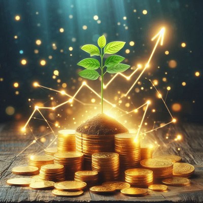 A green plant grows from a pile of gold coins