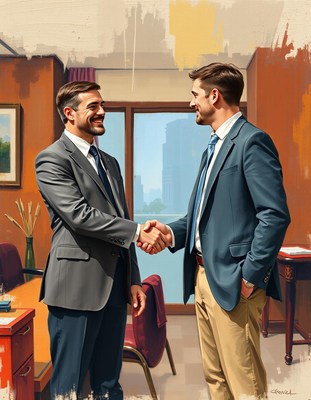 Two men shake hands in an office