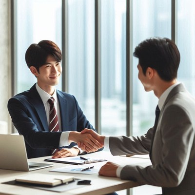 Two men shake hands in an office