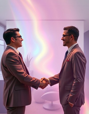 Two men shake hands in an office
