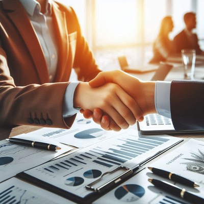 Two businesspeople shake hands over financial documents
