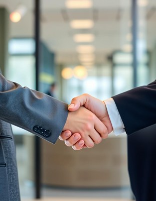 Two people shake hands in an office