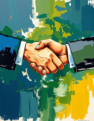 Two hands shake in front of a colorful background
