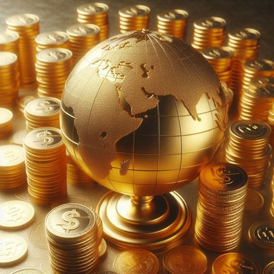 A gold globe sits surrounded by stacks of gold coins
