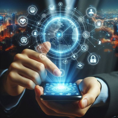 A person uses a phone to interact with a digital globe
