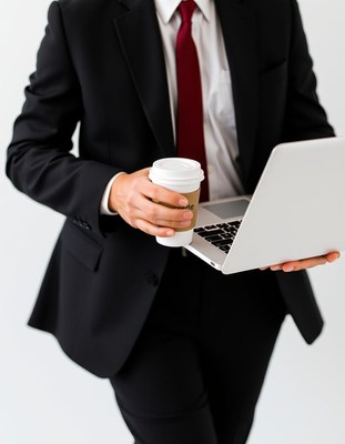 A man in a suit holds a coffee and a laptop