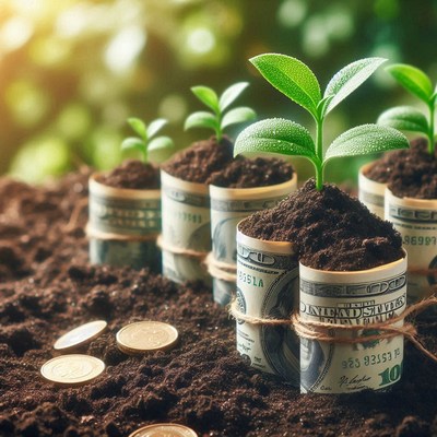 Plants grow from rolled-up money in soil