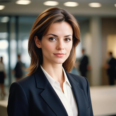 A woman in a suit stands in an office