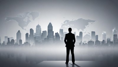 A businessman looks out over a city skyline
