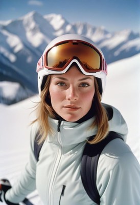 A woman in a ski helmet looks at the camera