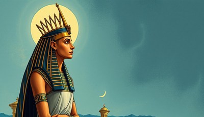 An egyptian pharaoh stands tall under a bright moon