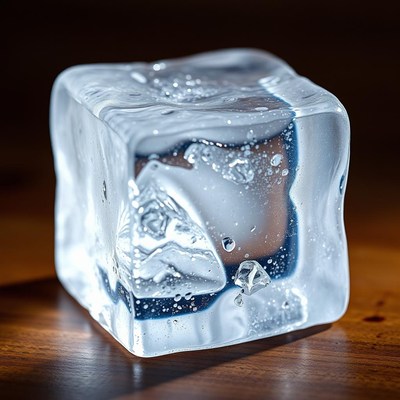 A single ice cube sits on a wooden surface