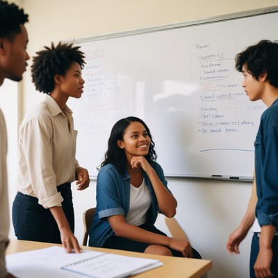 Students listen to a teacher in a classroom