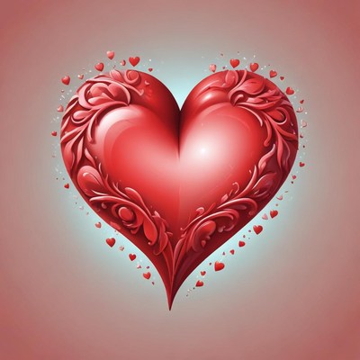 A red heart with ornate details surrounded by smaller hearts