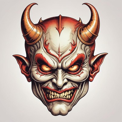A red-skinned devil with horns grins menacingly