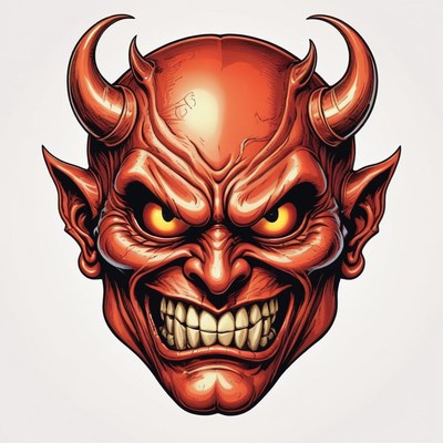 A red devil with horns and a menacing smile