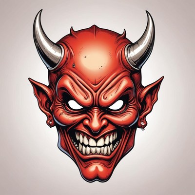 A red devil with horns and sharp teeth
