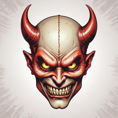 A red devil with horns smiles menacingly