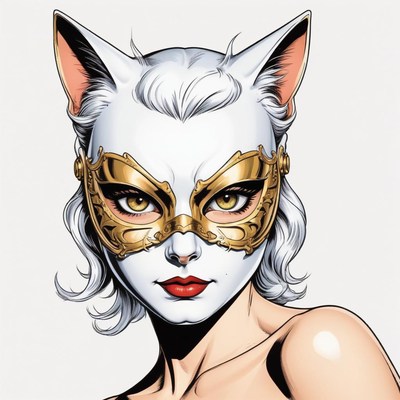 A woman in a white cat mask stares intensely