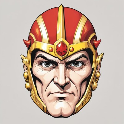 A warrior with a red helmet stares into the distance