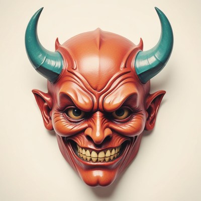 A devil mask with horns hangs on a wall
