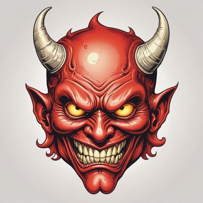 A red devil with horns and a mischievous grin