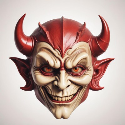 A red devil mask with horns and pointed ears