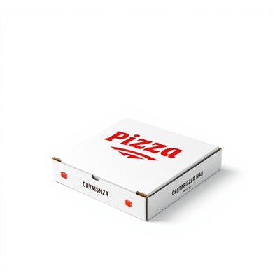 A white pizza box with red lettering
