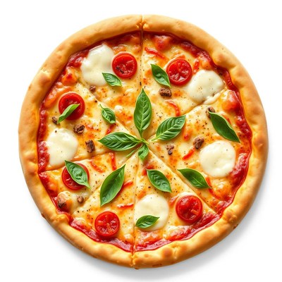 A fresh pizza with basil on a white background