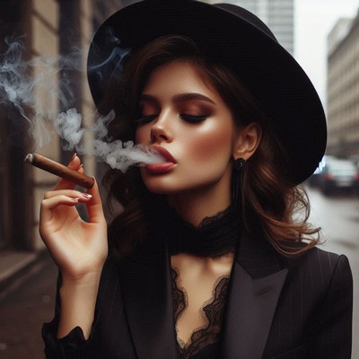 A woman in a black hat smokes a cigar on a city street