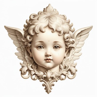 A cherub with wings and curly hair