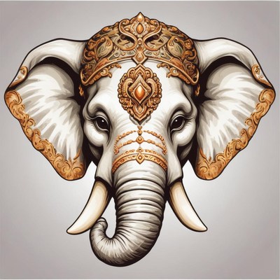 An ornate elephant head with a golden crown