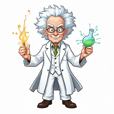 A scientist holds a glowing beaker and a flaming stick