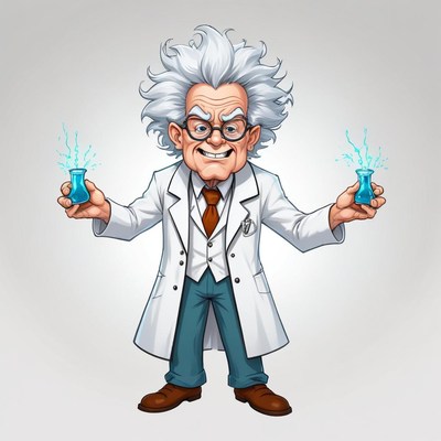 A scientist holds two beakers with blue liquid